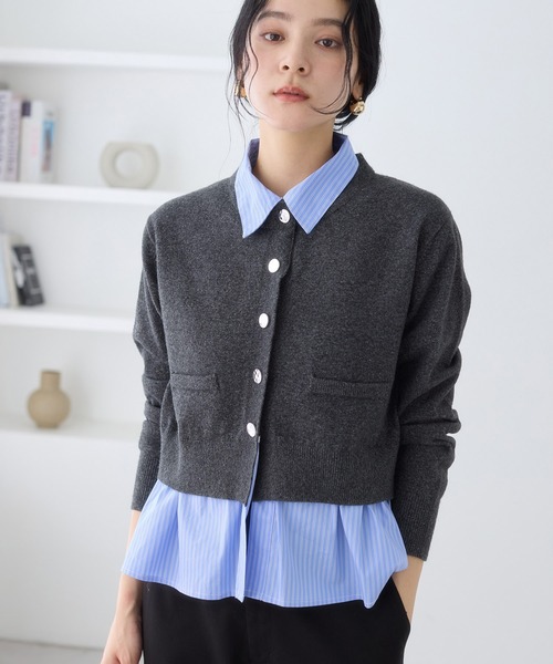 セール】シャツレイヤード風メタルボタンカーディガン（カーディガン