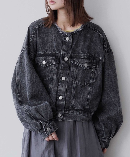 セール】【Bulue.】ノーカラーフリンジデニムジャケット（デニム