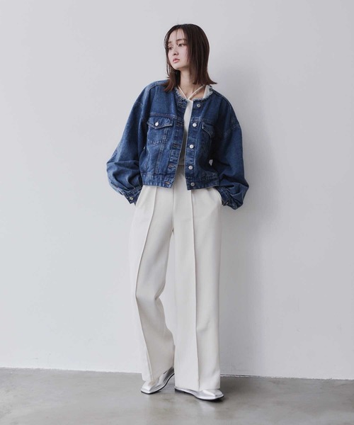 Bulue.】ノーカラーフリンジデニムジャケット（デニムジャケット