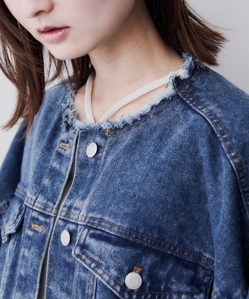 Bulue.】ノーカラーフリンジデニムジャケット（デニムジャケット