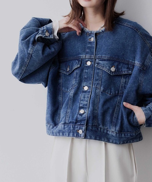 セール】【Bulue.】ノーカラーフリンジデニムジャケット（デニム