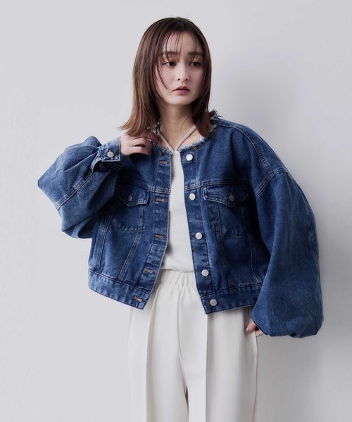 Bulue.】ノーカラーフリンジデニムジャケット（デニムジャケット