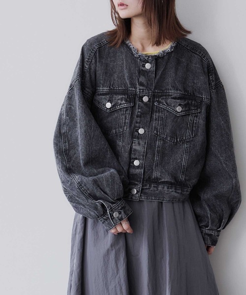 Bulue.】ノーカラーフリンジデニムジャケット（デニムジャケット