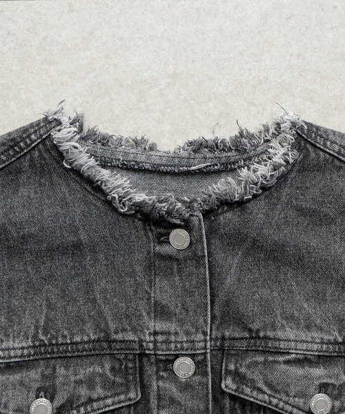 Bulue.】ノーカラーフリンジデニムジャケット（デニムジャケット