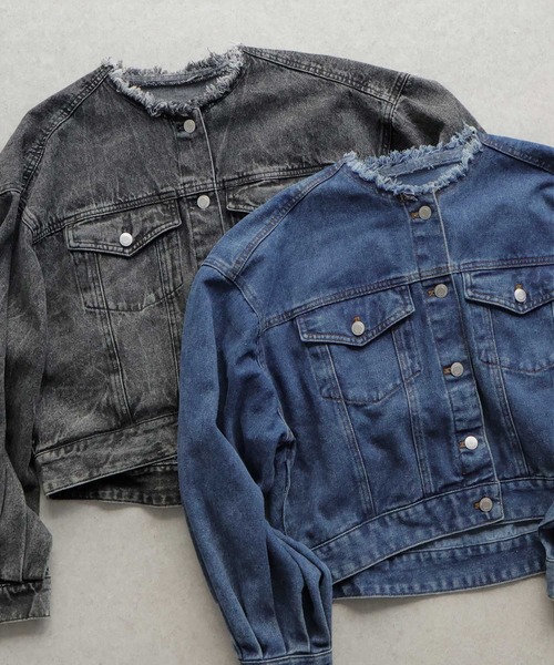 Bulue.】ノーカラーフリンジデニムジャケット（デニムジャケット