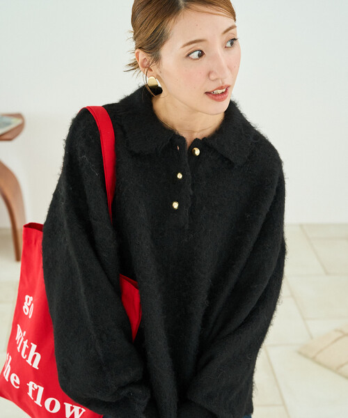 セール】限定展開 金ボタン ミックスシャギ－ ポロ襟 ニット（ニット