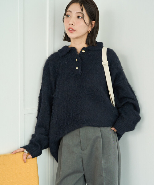 セール】限定展開 金ボタン ミックスシャギ－ ポロ襟 ニット（ニット