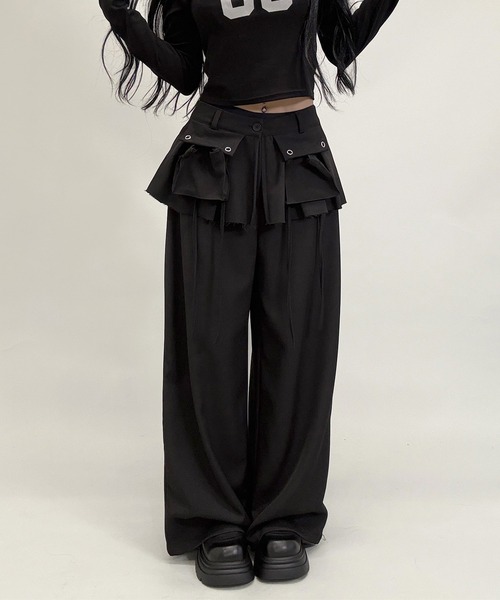 あっちゃん出品 フラップ&ストラップデザインレイヤードスカートワイドパンツ