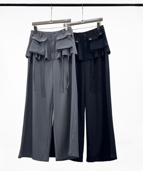 フラップ&ストラップデザインレイヤードスカートワイドパンツ