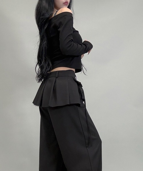 フラップ&ストラップデザインレイヤードスカートワイドパンツ