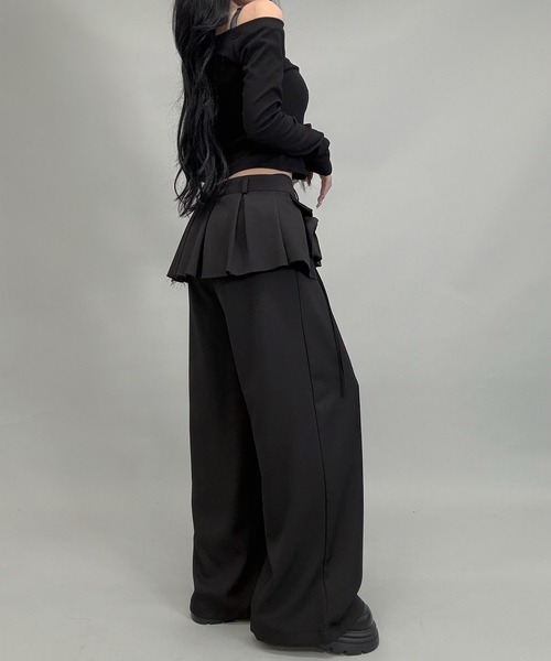 フラップ&ストラップデザインレイヤードスカートワイドパンツ