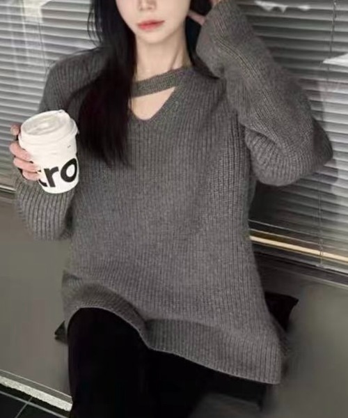 SHOUYO(ショウヨウ)の「Vネックストラップニットトップス/抜け感ルーズニット(グレー/レッド)(ニット/セーター・レディース・レッド/グレー・M)」の1枚目の写真