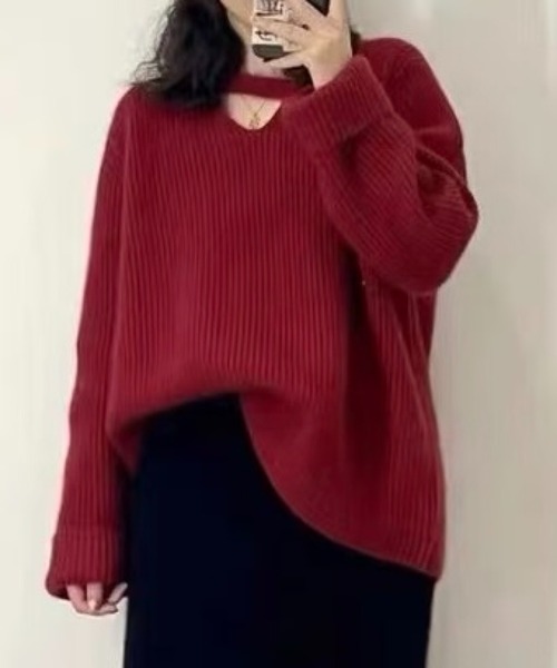SHOUYO(ショウヨウ)の「Vネックストラップニットトップス/抜け感ルーズニット(グレー/レッド)(ニット/セーター・レディース・レッド/グレー・M)」の2枚目の写真