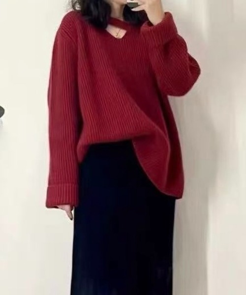 SHOUYO(ショウヨウ)の「Vネックストラップニットトップス/抜け感ルーズニット(グレー/レッド)(ニット/セーター・レディース・レッド/グレー・M)」の6枚目の写真