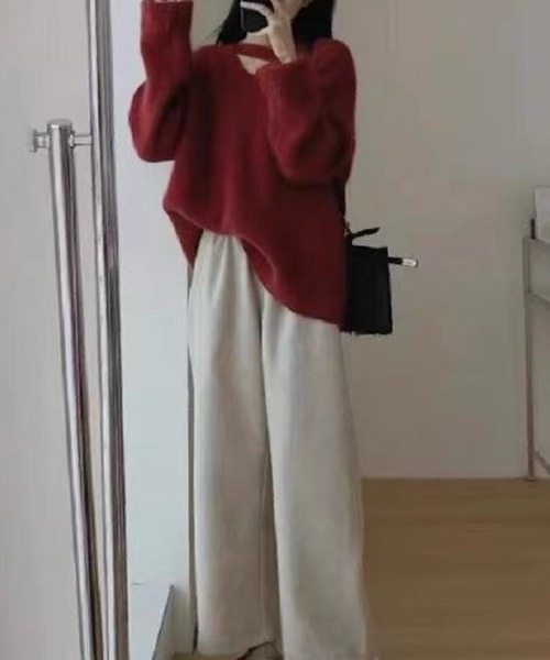 SHOUYO(ショウヨウ)の「Vネックストラップニットトップス/抜け感ルーズニット(グレー/レッド)(ニット/セーター・レディース・レッド/グレー・M)」の7枚目の写真