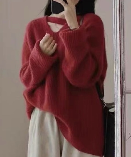 SHOUYO(ショウヨウ)の「Vネックストラップニットトップス/抜け感ルーズニット(グレー/レッド)(ニット/セーター・レディース・レッド/グレー・M)」の8枚目の写真