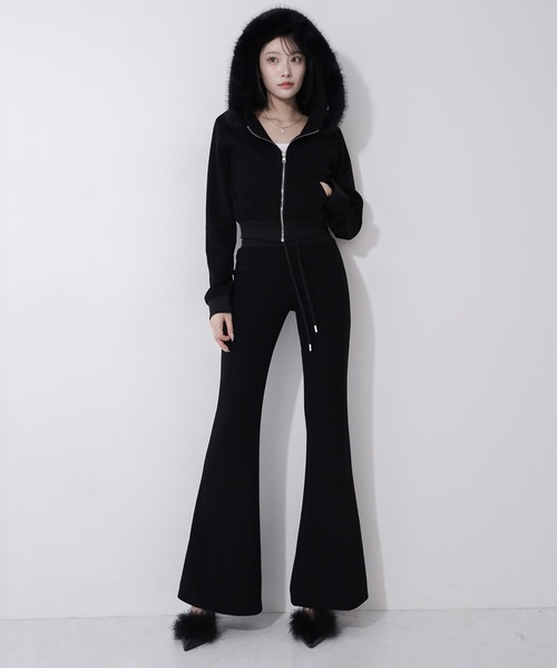 セットアップ 】ファーフードショートパーカー＆スウェットフレア