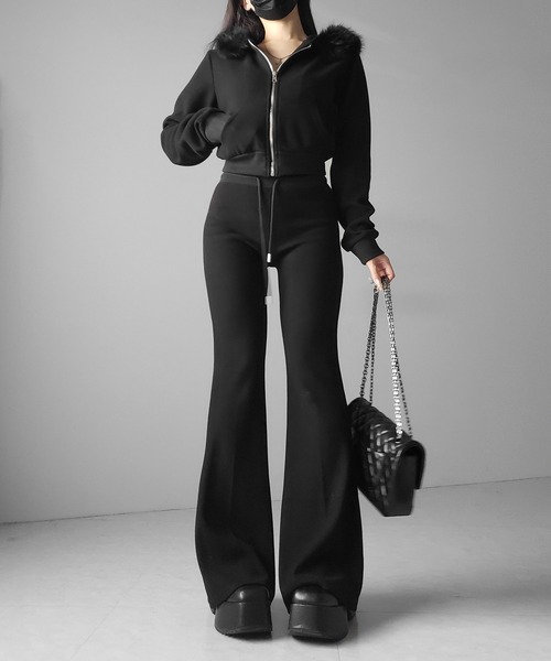 セットアップ 】ファーフードショートパーカー＆スウェットフレア