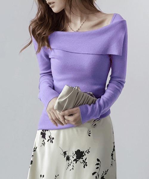 ONEP STAR（ワンピスター）の「折り返しネックオフショル風トップス（Tシャツ/カットソー・レディース・パープル/グリーン/ブラウン/ブラック/オフホワイト・FREE）」の10枚目の写真