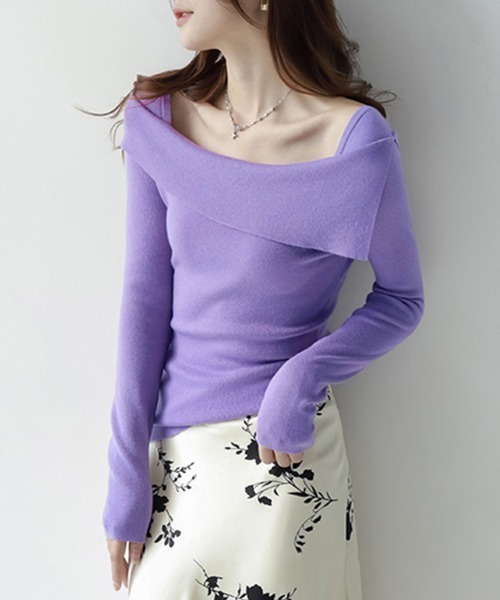 ONEP STAR（ワンピスター）の「折り返しネックオフショル風トップス（Tシャツ/カットソー・レディース・パープル/グリーン/ブラウン/ブラック/オフホワイト・FREE）」の12枚目の写真