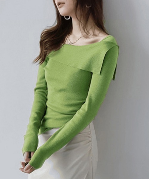 ONEP STAR（ワンピスター）の「折り返しネックオフショル風トップス（Tシャツ/カットソー・レディース・パープル/グリーン/ブラウン/ブラック/オフホワイト・FREE）」の19枚目の写真
