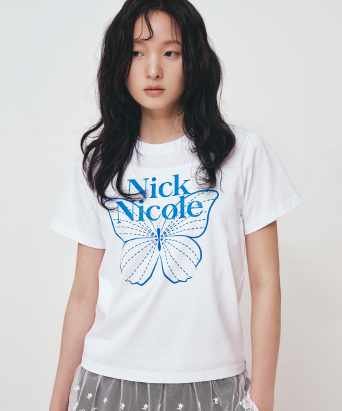 NICK&NICOLE(ニックアンドニコール)の「BUTTERFLY NICOLE LABEL SLIM TOP_WHITE BLUE(Tシャツ/カットソー・レディース・その他・FREE)」の1枚目の写真