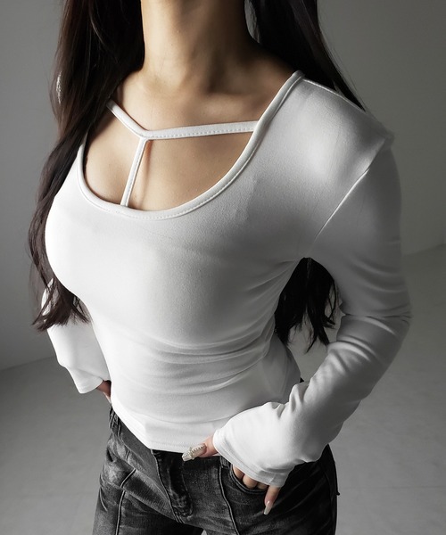 me+em select(ミームセレクト)の「【 裏起毛 】カットアウトストラップスリムカットソートップス / cutout strap slim cutsew tops(Tシャツ/カットソー・レディース・ブラック/グレー/ホワイト・FREE)」の13枚目の写真