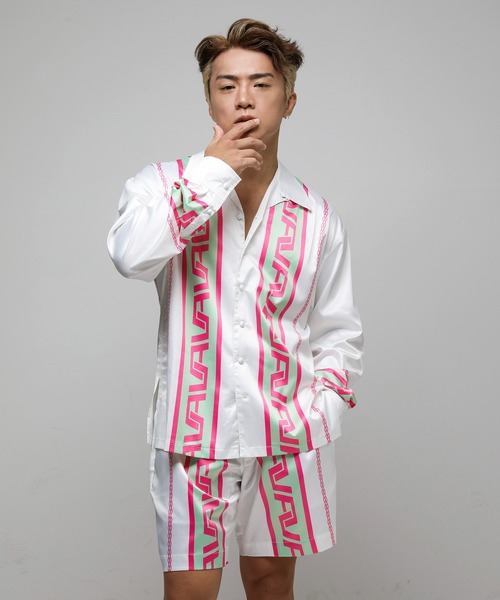 VANQUISH(ヴァンキッシュ)の「VANQUISH / VA トライバルボーダー デザインシャツ(シャツ/ブラウス・メンズ・ライトピンク/オレンジ・M/L)」の1枚目の写真