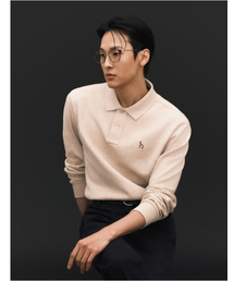 [アイコニック] ライトベージュ 長袖ピケポロシャツ