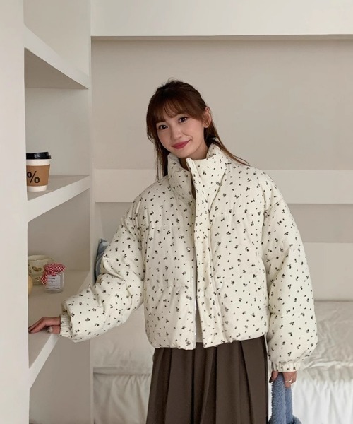 セール】小花柄コーデュロイ スタンドカラー中綿 ジャケット（ダウン