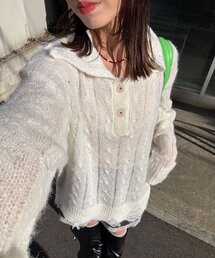 CIAOPANIC | 甘編みシアーケーブルダメージニットポロ(ニット/セーター)