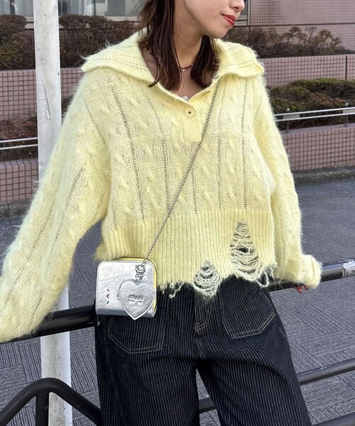 CIAOPANIC（チャオパニック）の「甘編みシアーケーブルダメージニットポロ（ニット/セーター・レディース・ホワイト系その他/ホワイト/イエロー系その他/グレー系その他/グレー/イエロー・1/0）」の7枚目の写真