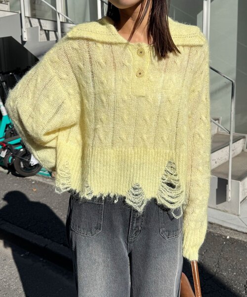 CIAOPANIC（チャオパニック）の「甘編みシアーケーブルダメージニットポロ（ニット/セーター・レディース・ホワイト系その他/ホワイト/イエロー系その他/グレー系その他/グレー/イエロー・1/0）」の8枚目の写真