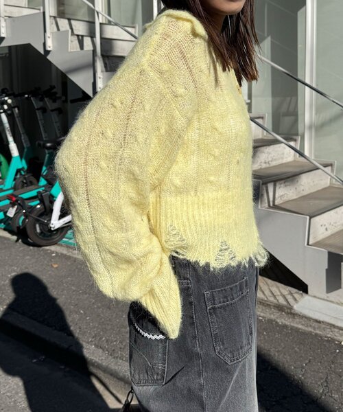 CIAOPANIC（チャオパニック）の「甘編みシアーケーブルダメージニットポロ（ニット/セーター・レディース・ホワイト系その他/ホワイト/イエロー系その他/グレー系その他/グレー/イエロー・1/0）」の10枚目の写真