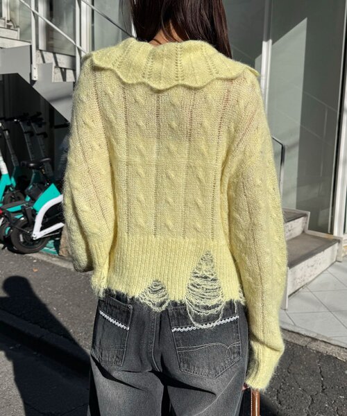 CIAOPANIC（チャオパニック）の「甘編みシアーケーブルダメージニットポロ（ニット/セーター・レディース・ホワイト系その他/ホワイト/イエロー系その他/グレー系その他/グレー/イエロー・1/0）」の11枚目の写真