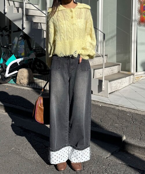 CIAOPANIC（チャオパニック）の「甘編みシアーケーブルダメージニットポロ（ニット/セーター・レディース・ホワイト系その他/ホワイト/イエロー系その他/グレー系その他/グレー/イエロー・1/0）」の12枚目の写真