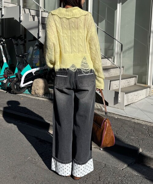 CIAOPANIC（チャオパニック）の「甘編みシアーケーブルダメージニットポロ（ニット/セーター・レディース・ホワイト系その他/ホワイト/イエロー系その他/グレー系その他/グレー/イエロー・1/0）」の14枚目の写真