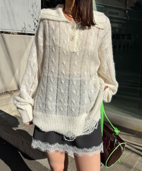 CIAOPANIC（チャオパニック）の「甘編みシアーケーブルダメージニットポロ（ニット/セーター・レディース・ホワイト系その他/ホワイト/イエロー系その他/グレー系その他/グレー/イエロー・1/0）」の15枚目の写真