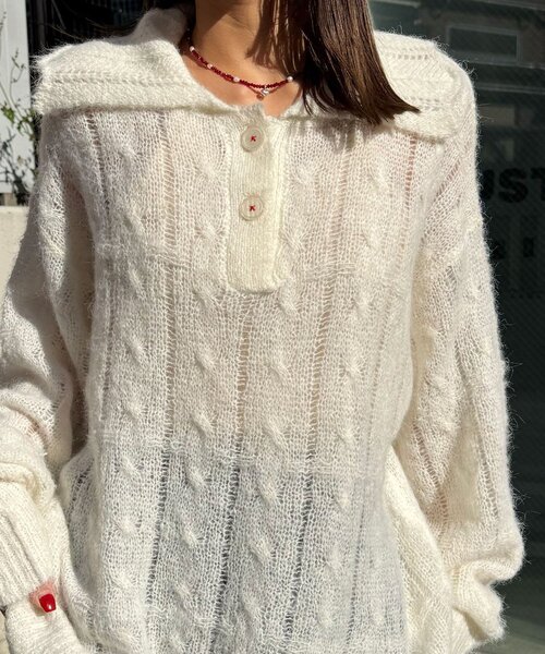 CIAOPANIC（チャオパニック）の「甘編みシアーケーブルダメージニットポロ（ニット/セーター・レディース・ホワイト系その他/ホワイト/イエロー系その他/グレー系その他/グレー/イエロー・1/0）」の16枚目の写真