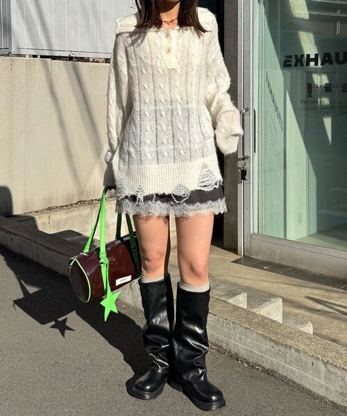 CIAOPANIC（チャオパニック）の「甘編みシアーケーブルダメージニットポロ（ニット/セーター・レディース・ホワイト系その他/ホワイト/イエロー系その他/グレー系その他/グレー/イエロー・1/0）」の18枚目の写真