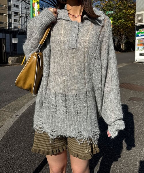 CIAOPANIC（チャオパニック）の「甘編みシアーケーブルダメージニットポロ（ニット/セーター・レディース・ホワイト系その他/ホワイト/イエロー系その他/グレー系その他/グレー/イエロー・1/0）」の22枚目の写真