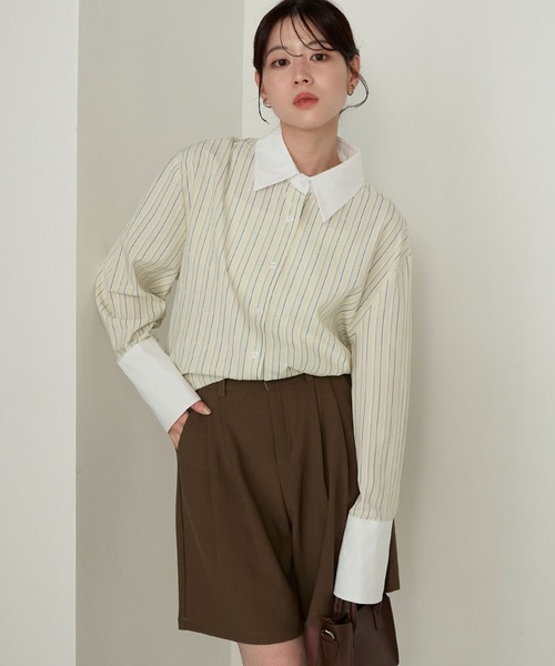 Cherir Mignon(シェリルミニョン)の「【Cherir Mignon】マルチストライプクレリックオーバーシャツ(シャツ/ブラウス・レディース・ピンク/イエロー/ブルー・FREE)」の2枚目の写真