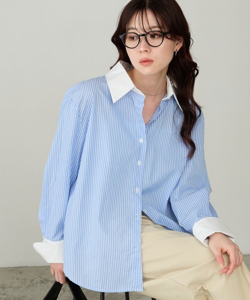 Cherir Mignon(シェリルミニョン)の「【Cherir Mignon】マルチストライプクレリックオーバーシャツ(シャツ/ブラウス・レディース・ピンク/イエロー/ブルー・FREE)」の4枚目の写真