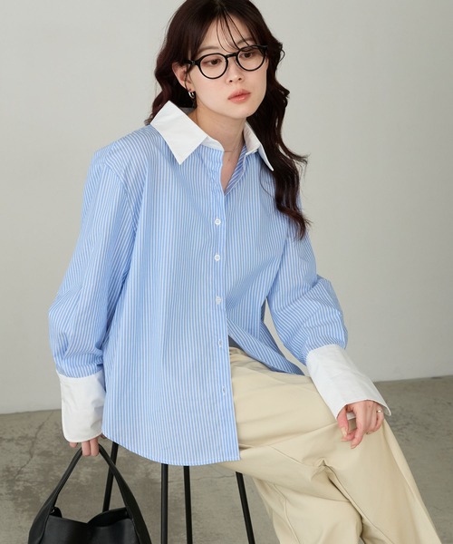 Cherir Mignon(シェリルミニョン)の「【Cherir Mignon】マルチストライプクレリックオーバーシャツ(シャツ/ブラウス・レディース・ピンク/イエロー/ブルー・FREE)」の5枚目の写真