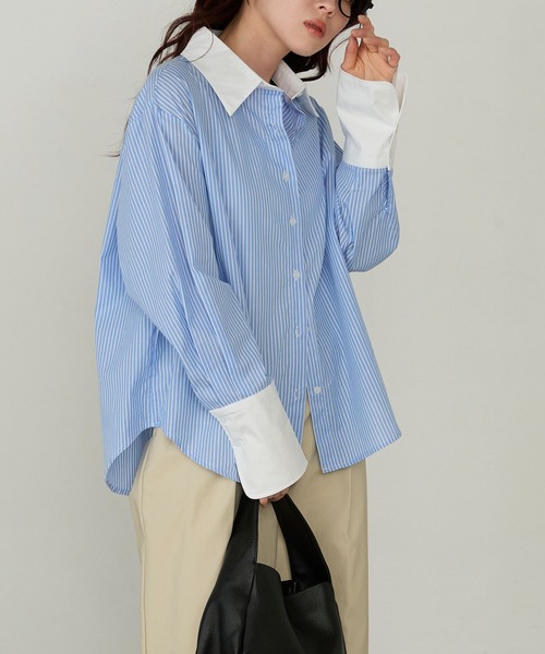 Cherir Mignon(シェリルミニョン)の「【Cherir Mignon】マルチストライプクレリックオーバーシャツ(シャツ/ブラウス・レディース・ピンク/イエロー/ブルー・FREE)」の7枚目の写真