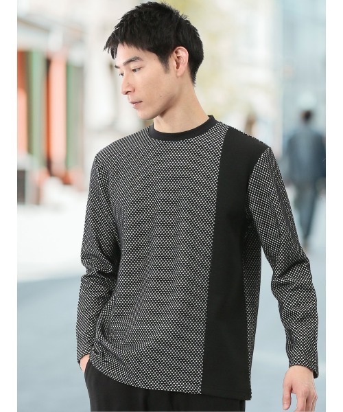 m.f.editorial（エムエフエディトリアル）の「【綿混 ロンＴ】m.f.エディトリアル メンズ バーズアイジャガード クルーネック 長袖 Tシャツ（Tシャツ/カットソー・メンズ・ライトグレー/ホワイト×ブラック・MEDIUM/LARGE/X-LARGE）」の2枚目の写真