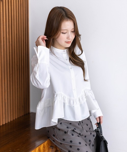 CLEAR BASIC（クリアベーシック）の「裾フリルノーカラーシャツ[オフィスカジュアル 着回し抜群 大人]≪新作≫（シャツ/ブラウス・レディース・サックスブルー/ネイビー/オフホワイト・F）」の22枚目の写真