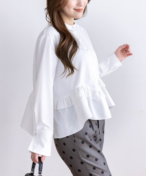 CLEAR BASIC（クリアベーシック）の「裾フリルノーカラーシャツ[オフィスカジュアル 着回し抜群 大人]≪新作≫（シャツ/ブラウス・レディース・サックスブルー/ネイビー/オフホワイト・F）」の20枚目の写真