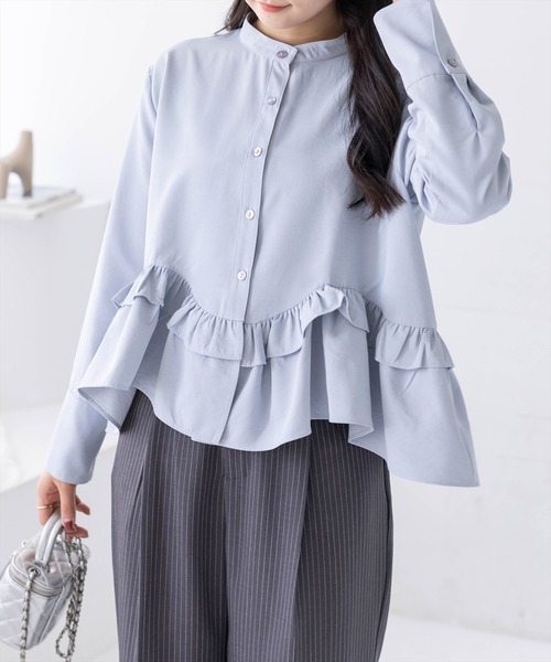 CLEAR BASIC（クリアベーシック）の「裾フリルノーカラーシャツ[オフィスカジュアル 着回し抜群 大人]≪新作≫（シャツ/ブラウス・レディース・サックスブルー/ネイビー/オフホワイト・F）」の15枚目の写真