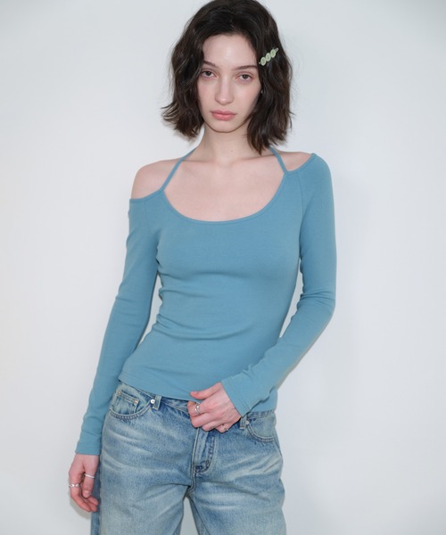 SOLWEIGE(ソルヴェイグ)の「【SOLWEIGE】アシンメトリーショルダーTシャツ(Tシャツ/カットソー・レディース・ブルー/ブラック・S/M/L)」の1枚目の写真